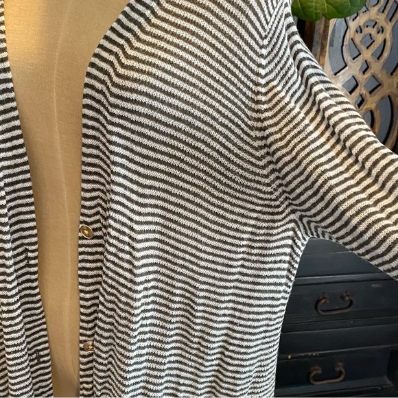 The Loft Thin Knit striped plus size duster cardigan. Sage green & cream. - Picture 7 of 13